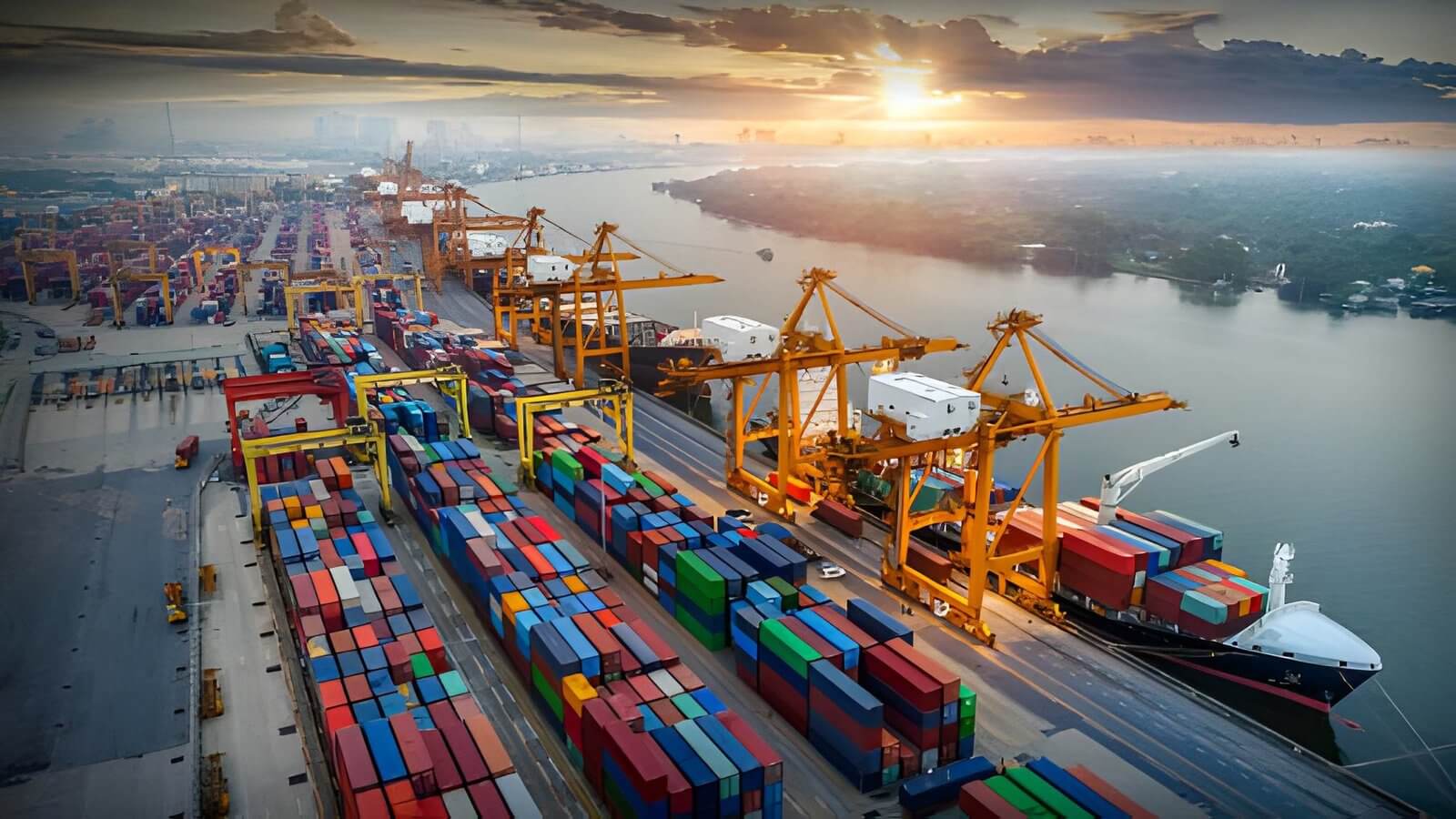 Aerial view of stacked shipping containers at a port terminal